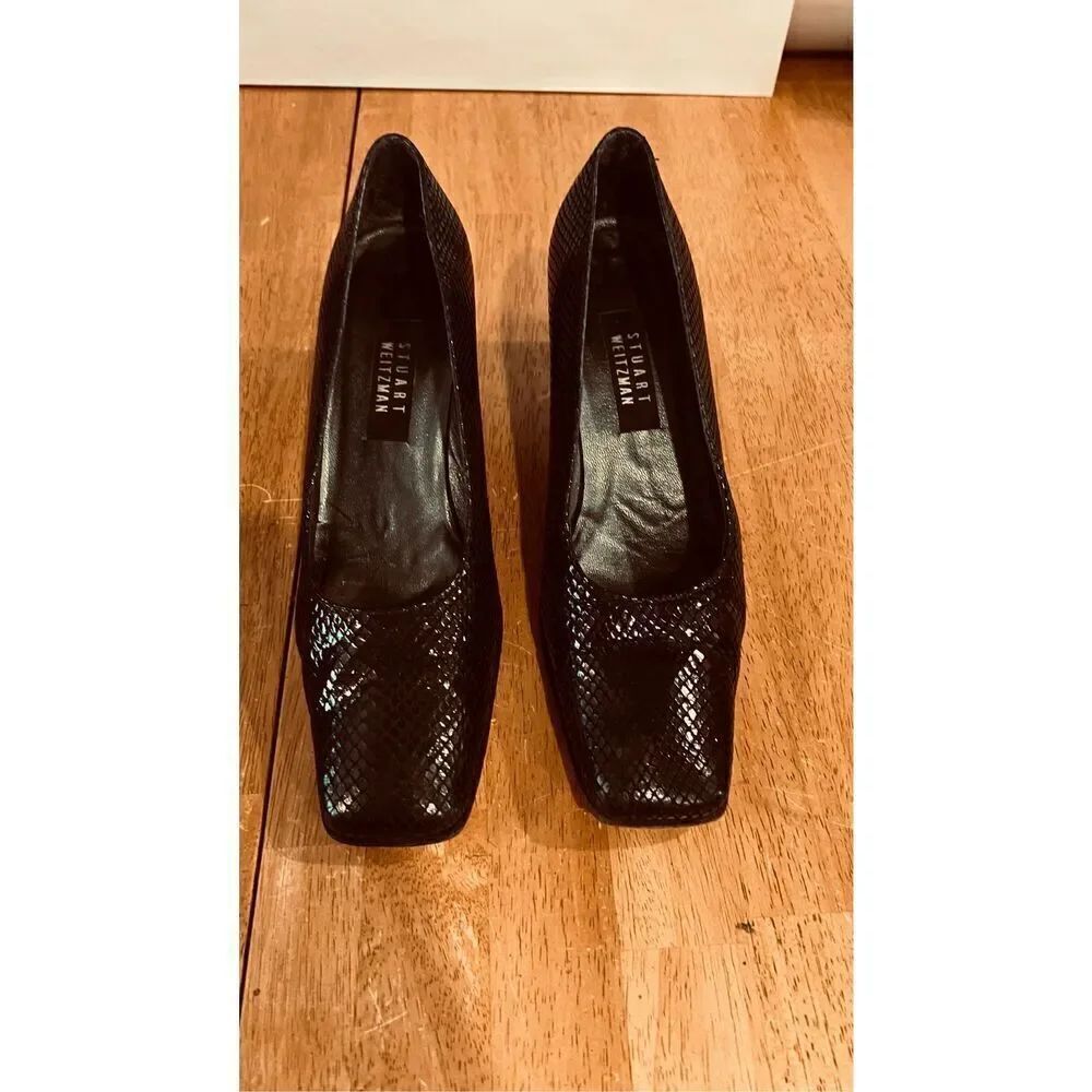 Stuart Weitzman Black Leather Snakeskin Embossed Leather Square Toes Block Heels